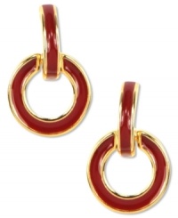 Go for bold pops of color. Anne Klein's 80s-inspired doorknocker earrings feature the fab pairing of red enamel with golden tones. Crafted in gold tone mixed metal. Approximate drop: 1-1/2 inches.