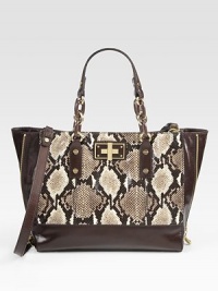 Python-embossed leather and polished hardware define with exotic carryall, finished with side zip gussets. Double leather and chain top handles, 7¼ dropDetachable leather shoulder strap, 19½ dropTurn-lock closureProtective metal feetOne inside zip pocketTwo inside open pocketsSatin lining13¾W X 10½H X 3¾DImported Python-embossed leather and polished hardware define with exotic carryall, finished with side zip gussets. Double leather and chain top handles, 7¼ dropDetachable leather shoulder strap, 19½ dropTurn-lock closureProtective metal feetOne inside zip pocketTwo inside open pocketsSatin lining13¾W X 10½H X 3¾DImported
