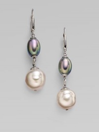 A stunning, sterling silver drop design of iridescent baroque pearls in nuage and grey. 8mm and 12mm baroque pearls Sterling silver Drop, about 2½ Hinge close Made in Spain A stunning, sterling silver drop design of iridescent baroque pearls in nuage and grey. 8mm and 12mm baroque pearls Sterling silver Drop, about 2½ Hinge close Made in Spain