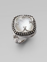 An ornate design with a faceted mother-of-pearl doublet, overlaid with a sterling silver clover window and surrounded by a delicate band of dots. Mother-of-pearl doubletsSterling silverWidth, about ¼Imported 