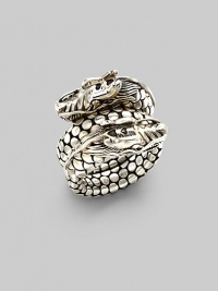From the Naga Collection. A powerful dragon with dotted scales coils around the finger in this dramatic design. Sterling silver Width, about ¾ Made in Bali From the Naga Collection. A powerful dragon with dotted scales coils around the finger in this dramatic design. Sterling silver Width, about ¾ Made in Bali