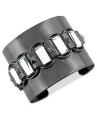Complement your edgy ensembles with BCBGeneration's dusky-colored cuff bracelet. Baguette-cut crystal accents are linked together for added panache. Crafted in hematite tone mixed metal. Approximate length: 6 inches. Complement your edgy ensembles with BCBGeneration's dusky-colored cuff bracelet. Baguette-cut crystal accents are linked together for added panache. Crafted in hematite tone mixed metal. Approximate length: 6 inches.