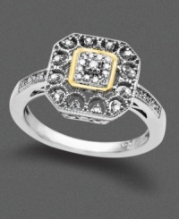 Victorian elegance defines this vintage-inspired square sterling silver ring with 14k gold accents and shimmering round-cut diamonds (1/10 ct. t.w.). Size 7.
