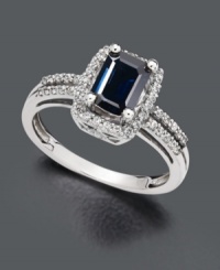 Fit for a princess. A halo of round-cut diamonds and two rows of diamond side stones surround a stunning sapphire (1 ct. t.w.). Crafted in 14k white gold. Fit for a princess. A halo of round-cut diamonds and two rows of diamond side stones surround a stunning sapphire (1 ct. t.w.). Crafted in 14k white gold.