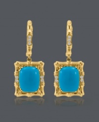 Frame your face with the perfect pop of color. Earrings from CARLO VIANI® feature smooth, turquoise stones (10 mm x 8 mm), sparkling white sapphire accents, and an intricate 14k gold setting. Approximate drop: 1-1/4 inches. Frame your face with the perfect pop of color. Earrings from CARLO VIANI® feature smooth, turquoise stones (10 mm x 8 mm), sparkling white sapphire accents, and an intricate 14k gold setting. Approximate drop: 1-1/4 inches.