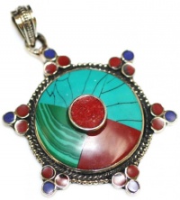 SilverGemHut Native American Style Cricular Green Turquoise, Malachite and Red Coral Gemstone Silver Pendant