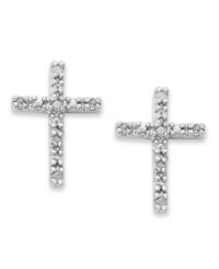 A stylish way to express your faith. These sparkling cross-shaped stud earrings feature petite round-cut diamonds (1/10 ct. t.w.) set in sterling silver. Approximate length: 1/2 inch. Approximate width: 1/3 inch. A stylish way to express your faith. These sparkling cross-shaped stud earrings feature petite round-cut diamonds (1/10 ct. t.w.) set in sterling silver. Approximate length: 1/2 inch. Approximate width: 1/3 inch.