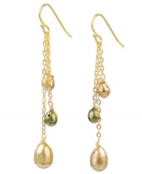 Natural resplendence. Polished cultured freshwater pearls (4-9 mm) in natural and green hues dangle delicately on these 18k gold over sterling silver earrings. Approximate drop: 2 inches. Natural resplendence. Polished cultured freshwater pearls (4-9 mm) in natural and green hues dangle delicately on these 18k gold over sterling silver earrings. Approximate drop: 2 inches.
