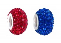 Two (2) Piece Pandora Style Charm Beads - Pave Crystal Style (14mm x 9mm) (fits Pandora, Biagi, Chamilia & Troll too) ~ Siam Red and Sapphire Blue (FB149)