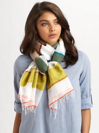 A semi-sheer, woven wrap in a striped design with fringe trim.50% cotton/40% merino wool/10% acrylic80 X 26Hand washImported A semi-sheer, woven wrap in a striped design with fringe trim.50% cotton/40% merino wool/10% acrylic80 X 26Hand washImported