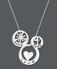 Get inspired by great style. This charming pendant features the engraved words Faith, Love, and Hope in a unique, cut-out pattern. Setting and chain crafted in sterling silver. Approximate length: 18 inches. Approximate drop: 1/2 inch. Get inspired by great style. This charming pendant features the engraved words Faith, Love, and Hope in a unique, cut-out pattern. Setting and chain crafted in sterling silver. Approximate length: 18 inches. Approximate drop: 1/2 inch.