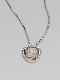From the Infinity Collection. Gracefully intertwining bands of sterling silver, one cabled, one smooth, surround a center of radiant pavé diamonds that suspends from a silver box chain. Diamonds, 0.18 tcw Sterling silver Chain length, about 17 Pendant diameter, about ½ Lobster clasp Imported From the Infinity Collection. Gracefully intertwining bands of sterling silver, one cabled, one smooth, surround a center of radiant pavé diamonds that suspends from a silver box chain. Diamonds, 0.18 tcw Sterling silver Chain length, about 17 Pendant diameter, about ½ Lobster clasp Imported