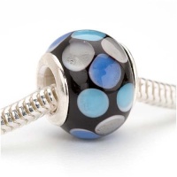 Murano Style Glass Lampwork Bead Fits Pandora Black With Blue Dots 14mm (1) Murano Style Glass Lampwork Bead Fits Pandora Black With Blue Dots 14mm (1)