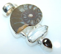 Exotic Ammonite Fossil Silver Tone Pendant - 13.10g of pure Silver Tone Jewelry with Ammonite Fossil Pearl Smoky Topaz 2 3/8, 1 1/4, 1/4 icnh only ONE pendant available - pendant entirely handmade by the most gifted artisans - one of a kind world wide ite Exotic Ammonite Fossil Silver Tone Pendant - 13.10g of pure Silver Tone Jewelry with Ammonite Fossil Pearl Smoky Topaz 2 3/8, 1 1/4, 1/4 icnh only ONE pendant available - pendant entirely handmade by the most gifted artisans - one of a kind world wide ite
