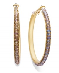 Looking for something sweet? Get your fix with these non-traditional hoop earrings from c.A.K.e. by Ali Khan. Crafted in gold tone mixed metal, hoops feature pistachio glass beads. Approximate diameter: 2 inches. Looking for something sweet? Get your fix with these non-traditional hoop earrings from c.A.K.e. by Ali Khan. Crafted in gold tone mixed metal, hoops feature pistachio glass beads. Approximate diameter: 2 inches.
