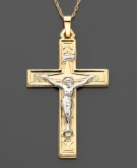 Comforting charm. This crucifix pendant features intricate design and beautiful 14k gold and 14k white gold. Approximate length: 1-1/2 inches. Chain not included. Comforting charm. This crucifix pendant features intricate design and beautiful 14k gold and 14k white gold. Approximate length: 1-1/2 inches. Chain not included.