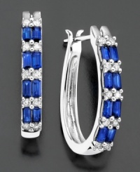 Baguette-cut sapphire (1-3/8 ct. t.w.) and round-cut diamond (1/4 ct. t.w.) alternate for a stunning effect on these 14k white gold hoop earrings. Approximate length: 3/4 inch. Approximate diameter: 1/2 inch. Baguette-cut sapphire (1-3/8 ct. t.w.) and round-cut diamond (1/4 ct. t.w.) alternate for a stunning effect on these 14k white gold hoop earrings. Approximate length: 3/4 inch. Approximate diameter: 1/2 inch.
