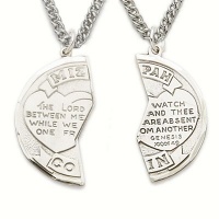 Exceptional Quality and Detail .925 Sterling Silver Silver Cross Mizpah Sweetheart Medal Coin Pendant Necklaces 7/8 Inch Diameter Two pieces and two chains included With Grey Velvet Gift Box And 24 for him and 18 Chain for her Exceptional Quality and Detail .925 Sterling Silver Silver Cross Mizpah Sweetheart Medal Coin Pendant Necklaces 7/8 Inch Diameter Two pieces and two chains included With Grey Velvet Gift Box And 24 for him and 18 Chain for her