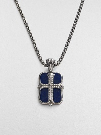 An original design pairs two sterling silver pendants on a single strand. The cross pendant is crafted with pavé diamond detail, and the larger features smooth lapis inlay. Sterling silver Pavé diamonds Lapis Pendant: 1 long Necklace: 24 long Lobster clasp closure Imported An original design pairs two sterling silver pendants on a single strand. The cross pendant is crafted with pavé diamond detail, and the larger features smooth lapis inlay. Sterling silver Pavé diamonds Lapis Pendant: 1 long Necklace: 24 long Lobster clasp closure Imported