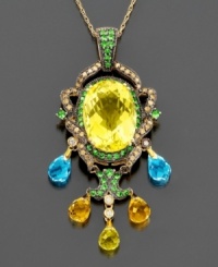 A fanciful bouquet of color creates a vintage-inspired breathtaking style: pendant is comprised of briolette-cut lemon quartz (11-1/2 ct. t.w.), blue topaz (2-3/4 ct. t.w.), citrine (2-1/10 ct. t.w), tsavorite (3/4 ct. t.w.) and round-cut diamonds (1/2 ct. t.w.). Set in 14k gold. Chain measures 18 inches; drop measures 2-1/2 inches.