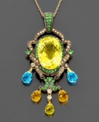 A fanciful bouquet of color creates a vintage-inspired breathtaking style: pendant is comprised of briolette-cut lemon quartz (11-1/2 ct. t.w.), blue topaz (2-3/4 ct. t.w.), citrine (2-1/10 ct. t.w), tsavorite (3/4 ct. t.w.) and round-cut diamonds (1/2 ct. t.w.). Set in 14k gold. Chain measures 18 inches; drop measures 2-1/2 inches. A fanciful bouquet of color creates a vintage-inspired breathtaking style: pendant is comprised of briolette-cut lemon quartz (11-1/2 ct. t.w.), blue topaz (2-3/4 ct. t.w.), citrine (2-1/10 ct. t.w), tsavorite (3/4 ct. t.w.) and round-cut diamonds (1/2 ct. t.w.). Set in 14k gold. Chain measures 18 inches; drop measures 2-1/2 inches.