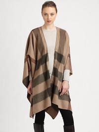 An open front and a loose fit with an iconic check pattern in luxurious cashmere. Open frontThree-quarter kimono sleevesAbout 33 from shoulder to hemCashmereDry cleanImported