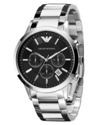 This Emporio Armani watch uses sleek lines to emphasize modern, seamless style. Stainless steel bracelet and round case. Black chronograph sunray dial with silvertone stick indices, logo, date window and three subdials. Quartz movement. Water resistant to 50 meters. Two-year limited warranty. This Emporio Armani watch uses sleek lines to emphasize modern, seamless style. Stainless steel bracelet and round case. Black chronograph sunray dial with silvertone stick indices, logo, date window and three subdials. Quartz movement. Water resistant to 50 meters. Two-year limited warranty.