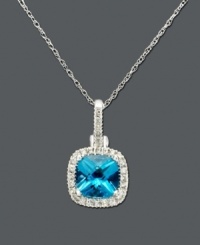 Bring a piece of the clear blue ocean with you everywhere you go. Pendant crafted in 14k white gold featuring cushion-cut blue topaz (2 ct. t.w.) and round-cut diamond (1/6 ct. t.w.). Approximate length: 18 inches. Approximate drop: 3/4 inch.