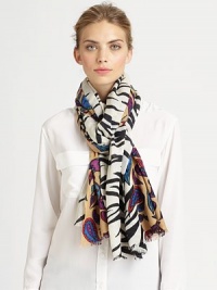 Colorful, contrasting zebra and paisley patterns are double-side printed on buttery soft cashmere with eyelash trim.CashmereAbout 36 X 80Dry cleanImported Colorful, contrasting zebra and paisley patterns are double-side printed on buttery soft cashmere with eyelash trim.CashmereAbout 36 X 80Dry cleanImported