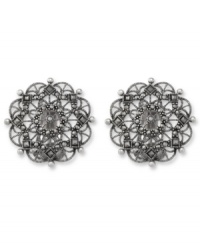 Get all tied up in knots. Genevieve & Grace's wispy stud earrings feature an intricate cut-out design and sparkling marcasite. Set in sterling silver with an omega omega clip-on backing for non-pierced ears. Approximate diameter: 1-3/16 inches. Get all tied up in knots. Genevieve & Grace's wispy stud earrings feature an intricate cut-out design and sparkling marcasite. Set in sterling silver with an omega omega clip-on backing for non-pierced ears. Approximate diameter: 1-3/16 inches.