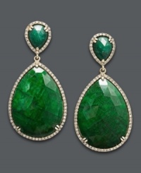 Get ready for a fiesta. These head-turning earrings features teardrop-shaped dyed-green corundum sapphires (65 ct. t.w.) surrounded by round-cut diamonds (3/4 c.t. t.w.). Set in 14k gold. Stones are from Brazil. Get ready for a fiesta. These head-turning earrings features teardrop-shaped dyed-green corundum sapphires (65 ct. t.w.) surrounded by round-cut diamonds (3/4 c.t. t.w.). Set in 14k gold. Stones are from Brazil.