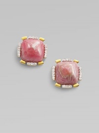 Sparkling white sapphires and 18k goldplated sterling silver surround a pretty sugarloaf-shaped rhodochrosite center. White sapphiresRhodochrosite18k goldplated sterling silverSize, about ½Surgical steel post backImported Sparkling white sapphires and 18k goldplated sterling silver surround a pretty sugarloaf-shaped rhodochrosite center. White sapphiresRhodochrosite18k goldplated sterling silverSize, about ½Surgical steel post backImported