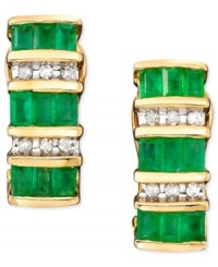 Fresh, sparkling baguette-cut emeralds (1-3/8 ct. t.w.) and glittering round-cut diamonds (1/8 ct. t.w.) combine for colorful sophistication. Set in 14k gold. Fresh, sparkling baguette-cut emeralds (1-3/8 ct. t.w.) and glittering round-cut diamonds (1/8 ct. t.w.) combine for colorful sophistication. Set in 14k gold.