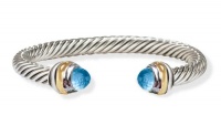 Silver Cable Cuff Bracelet with Faceted Blue Topaz Two Tone Gold Silver Bangle Designer Fashion Silver Cable Cuff Bracelet with Faceted Blue Topaz Two Tone Gold Silver Bangle Designer Fashion