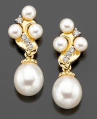 Finish your evening look with the timeless sophistication of sparkling diamonds and pearls. These earrings feature cultured freshwater pearl (9 mm and 4 mm) and round-cut diamonds (1/6 ct. t.w.) set in 14k gold. Approximate drop: 1 inch.