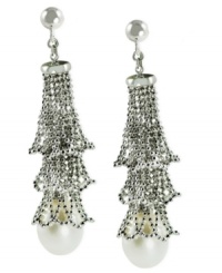 Layered elegance. These earrings, crafted from sterling silver with a rhodium finish, feature cultured freshwater pearls (10-11 mm) for a stylish touch. Approximate drop length: 2 inches. Approximate drop width: 1/2 inch. Layered elegance. These earrings, crafted from sterling silver with a rhodium finish, feature cultured freshwater pearls (10-11 mm) for a stylish touch. Approximate drop length: 2 inches. Approximate drop width: 1/2 inch.
