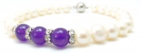 7.5 Inch Cream Ivory White Freshwater Cultured Pearl, Violet Purple Agate, & Simulated Diamond Accented Bracelet, Magnetic Clasp 7.5 Inch Cream Ivory White Freshwater Cultured Pearl, Violet Purple Agate, & Simulated Diamond Accented Bracelet, Magnetic Clasp