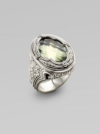 From the Astritis Collection. An intricately carved ring of sterling silver, with a softly hued, faceted prasiolite stone as its centerpiece.Prasiolite Sterling silver Length, about 1 Made in Greece From the Astritis Collection. An intricately carved ring of sterling silver, with a softly hued, faceted prasiolite stone as its centerpiece.Prasiolite Sterling silver Length, about 1 Made in Greece