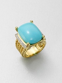 From the Wheaton Collection. A stunning turquoise cabochon is flanked by dazzling diamonds set in radiant 18k gold. TurquoiseDiamonds, .27 tcw18k goldWidth, about .78Imported From the Wheaton Collection. A stunning turquoise cabochon is flanked by dazzling diamonds set in radiant 18k gold. TurquoiseDiamonds, .27 tcw18k goldWidth, about .78Imported