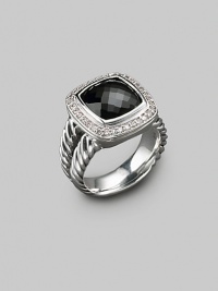 From the Albion Collection. An elegant Yurman design, offering a faceted black onyx, framed in diamonds, on a split cable band of sterling silver. Diamonds, 0.24 tcw Black onyx Sterling silver About ½ square Imported From the Albion Collection. An elegant Yurman design, offering a faceted black onyx, framed in diamonds, on a split cable band of sterling silver. Diamonds, 0.24 tcw Black onyx Sterling silver About ½ square Imported