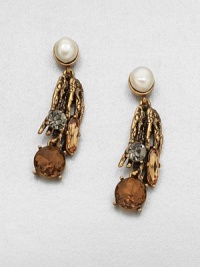 An unique piece with sparking Swarovski crystals, faceted stones and glass pearls in an organically-shaped branch drop. Swarovski crystalsPewter and brassGlass stones and pearlsDrop, about 2.5 Post clutch backMade in USA An unique piece with sparking Swarovski crystals, faceted stones and glass pearls in an organically-shaped branch drop. Swarovski crystalsPewter and brassGlass stones and pearlsDrop, about 2.5 Post clutch backMade in USA