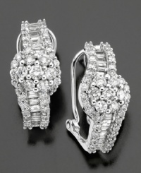 Bursting with beauty, these sparkling cluster earrings feature round and baguette-cut diamonds (2 ct. t.w.) set in 14k white gold. Approximate drop: 3/4 inch. Bursting with beauty, these sparkling cluster earrings feature round and baguette-cut diamonds (2 ct. t.w.) set in 14k white gold. Approximate drop: 3/4 inch.