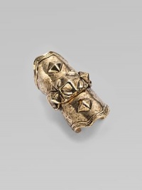 A piece of armor in goldplated metal with pyramid studding for a bold, edgy statement.14K goldplated Center hinge Diameter, about 20mm, (.78) Length, about 2 Made in USA Additional Information Women's Ring Size Guide A piece of armor in goldplated metal with pyramid studding for a bold, edgy statement.14K goldplated Center hinge Diameter, about 20mm, (.78) Length, about 2 Made in USA Additional Information Women's Ring Size Guide