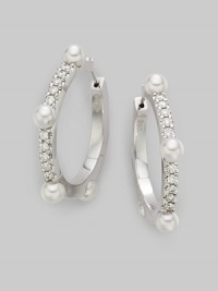 Classic 18K white gold hoops with diamonds and cultured pearl accents.3.5mm cultured pearl Diamond, 0.3 tcw 18K white gold Pierced Imported 