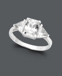 An engagement ring that's as unique as you are. Arabella's modern style highlights a princess-cut Swarovski zirconia center stone (3-7/8 ct. t.w.) accented by trilliant-cut side stones. Crafted in 14k white gold. An engagement ring that's as unique as you are. Arabella's modern style highlights a princess-cut Swarovski zirconia center stone (3-7/8 ct. t.w.) accented by trilliant-cut side stones. Crafted in 14k white gold.