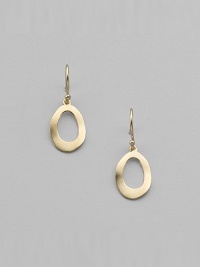 An asymmetrically shaped open oval disc of 18k yellow gold has an artful appeal. 18k yellow gold Drop, about 1 ¼ Ear wire Imported An asymmetrically shaped open oval disc of 18k yellow gold has an artful appeal. 18k yellow gold Drop, about 1 ¼ Ear wire Imported