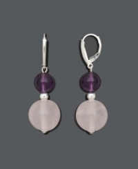 Pair a flirty floral dress with these feminine drops. Crafted in sterling silver, earrings feature two drops highlighting rose quartz (35 ct. t.w.) and amethyst (5 ct. t.w.) beads. Approximate drop: 1-1/2 inches. Pair a flirty floral dress with these feminine drops. Crafted in sterling silver, earrings feature two drops highlighting rose quartz (35 ct. t.w.) and amethyst (5 ct. t.w.) beads. Approximate drop: 1-1/2 inches.