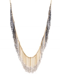 Fringe benefits. With this stylish long statement necklace, Kenneth Cole New York conveys boho chic at its best! Crafted in gold tone mixed metal, it's elaborately embellished with chains and silver tone faceted glass beading. Approximate length: 34 inches. Approximate drop: 2-3/4 inches. Fringe benefits. With this stylish long statement necklace, Kenneth Cole New York conveys boho chic at its best! Crafted in gold tone mixed metal, it's elaborately embellished with chains and silver tone faceted glass beading. Approximate length: 34 inches. Approximate drop: 2-3/4 inches.