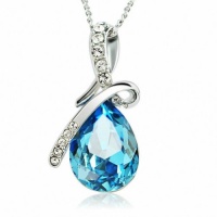 Eternal Love Blue Teardrop Swarovski Elements Crystal Pendant 18k White Gold Plated Necklace for Women Lady 21 Inch