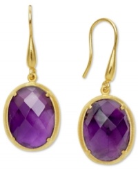 Adorn yourself with the season's hottest hues: jewel tones! These eye-catching earrings feature two faceted, oval-cut amethyst drops (17-1/10 ct. t.w.) in an 18k gold over sterling silver setting. Approximate drop: 1-1/2 inches. Adorn yourself with the season's hottest hues: jewel tones! These eye-catching earrings feature two faceted, oval-cut amethyst drops (17-1/10 ct. t.w.) in an 18k gold over sterling silver setting. Approximate drop: 1-1/2 inches.